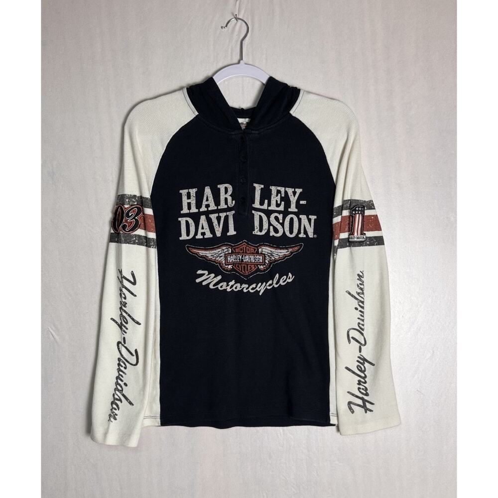 Harley Davidson Womens Thermal Henley Hoodie Shirt Waffle Knit Moto Biker Size L